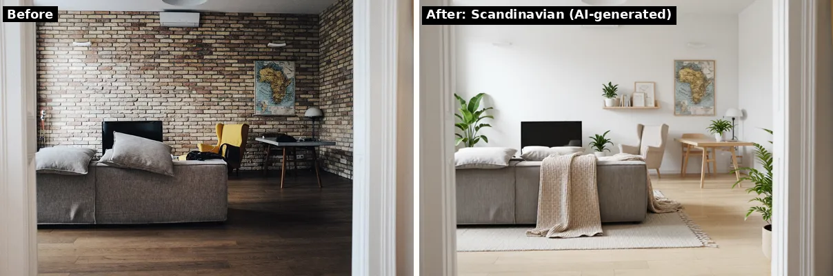 A living room with a brick wall, and the same room redesigned by AI in Scandinavian style: white walls, light oak floor, plants and a wool rug